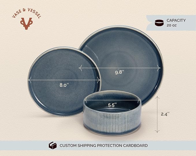 Ceramic Dinnerware Set, by Vase and Vessel, 12-Piece Service for 4, 9.8” Dinner Plates, 8” Salad Plates, 20 oz Bowls, Ombre Reactive Glaze, Durable Stoneware, Microwave & Dishwasher (Denim)