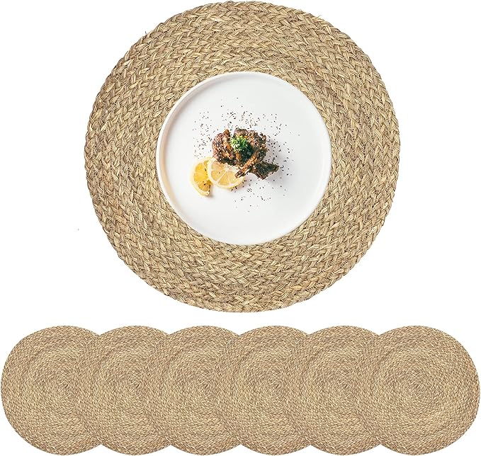 Woven Placemats for Dining Table Set of 6, 100% Natural Straw, Rustic Round Placemats Farmhouse Table Mats Rattan Wicker Placemats Hand Braided Place Mats for Indoor Outdoor, 14.17“