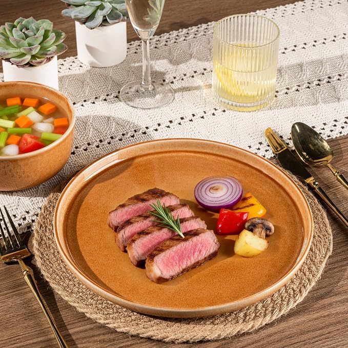 GBHOME Dinnerware Sets for 6, 18 Pieces Ceramic Plates and Bowls Set | Scratch Resistant Stoneware Dishes Set, Dishwasher & Microwave Safe, Reactive Glaze-Amber
