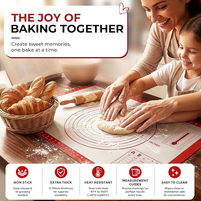 XL Silicone Pastry Mat for Baking Dough Mat, Extra Large 28x20 inches Red | Non-Stick & Non-Slip Dough Mat for Rolling Out with Measurements, Bread, Pizza, Pie Crust, Cookies, Fondant Oven Safe