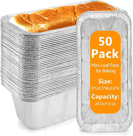 Mini Loaf Pans 1Lb 50 Packs,Heavy Duty Aluminum Foil Disposable Bread Baking Pan Bread Tins for Baking Breads,Cakes,Meatloafs Size-8"x 3.5" x 2.5" (50 Packs)