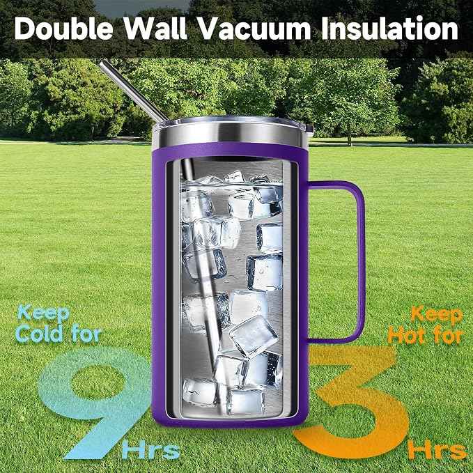 Volhoply 22oz Insulated Stainless Steel Coffee Mugs with Leakproof Lid Bulk 2 Pack,Double Wall Vacuum Travel Coffee Cup with Handle,Reusable Metal Tumbler,Camping Mug Keep Hot&Cold(Purple,2)
