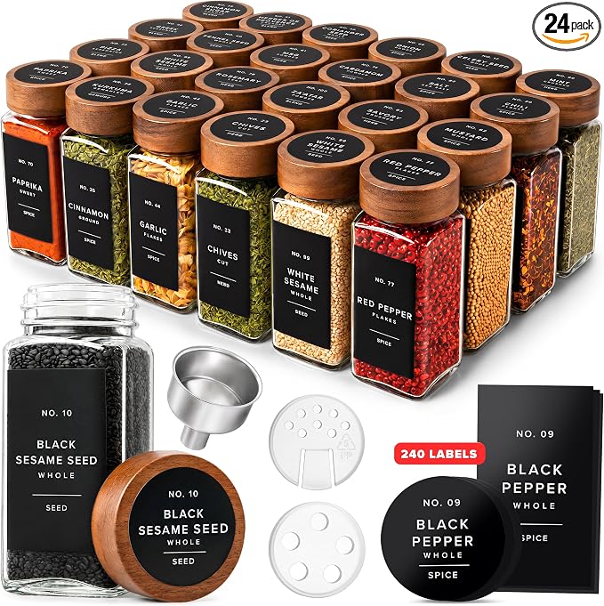 Glass Spice Jars with Label, 24x Acacia Wooden Lids - Black Labels | Airtight Lids keep spices fresh, Kitchen Spice Drawer Organizer, 4oz Seasoning Containers incl. Funnel, Brush & 240 Labels