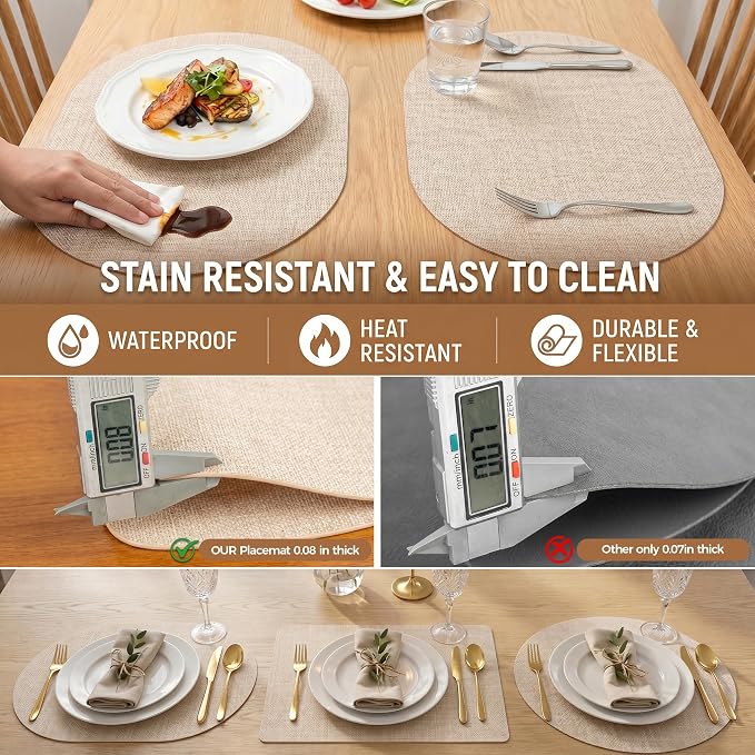 Faux Leather Placemats Set of 6, Wipeable Waterproof Stain Resistant Table Mats, Heat Resistant Thick Placemats with Hand-Painted Edges for Kitchen Dining, Imitative Linen Texture, Various Shapes