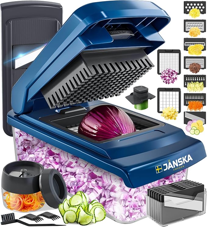 UltraChop All-In-1 Vegetable Chopper, Blue | 12 Blade Heavy Duty, Food Chopper Container, Spiralizer, Mandoline Slicer Onion Mincer, French Fry And Salad Cutter