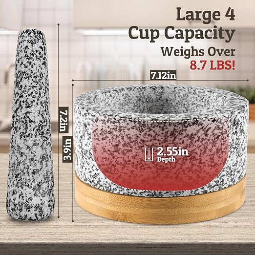 PriorityChef Heavy Duty Mortar and Pestle Set with Bamboo Base, 100% Natural Granite Stone Grinder, Guacamole Bowl and Masher, 4 Cups, White