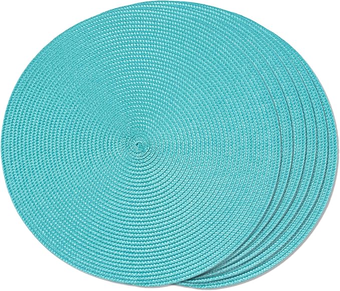 FunWheat Round Braided Placemats Set of 6 Table Mats for Dining Tables Woven Washable Non-Slip Place mats 15 inch(Turquoise, 6pcs)