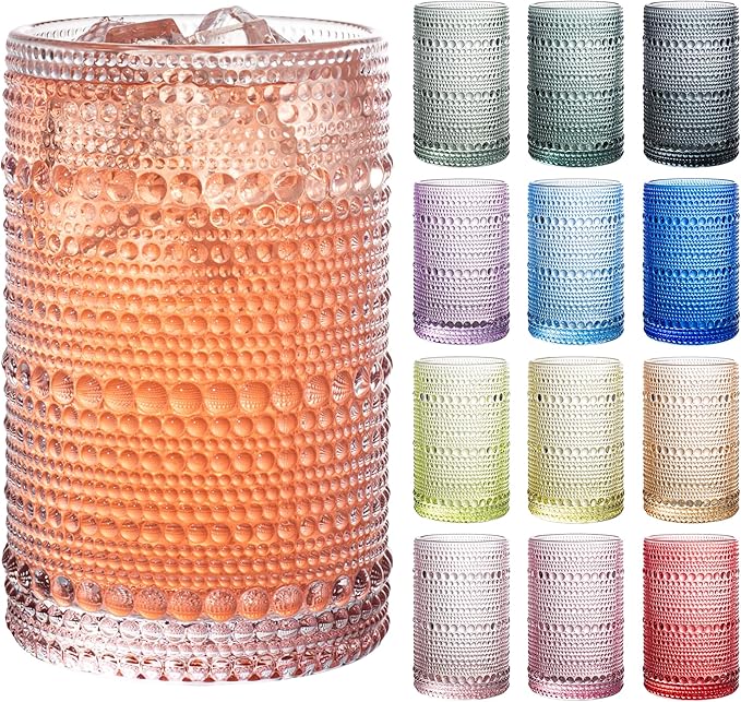 Bandesun Vintage Hobnail Drinking Glasses Set of 12, 13oz Colorful Beaded Bubble Glass Cups for Kitchen, Multiple color Embossed Water Tumbler for Whiskey,Cocktail, Beer, Wine, Water & Juice