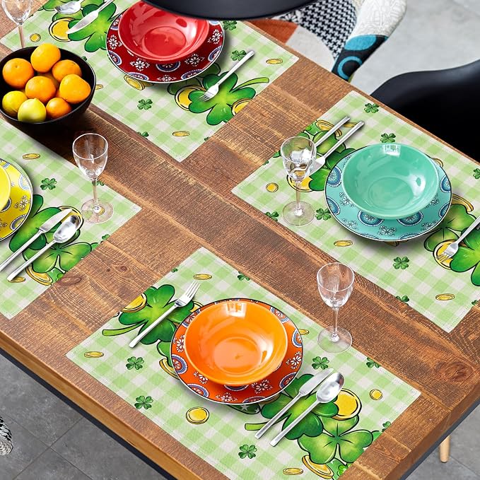 St. Patrick's Day Clover Top Hat Placemat Set of 4,Lucky Shamrock Gold Coin Dining Place Mat Table Decor 12x18 Inch Buffalo Plaid Seasonal Spring Table Mats for Home Party Kitchen Decoration