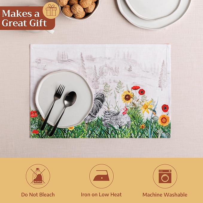 Maison d' Hermine Placemats Set of 4 Reusable 100% Cotton (13"x19") | Cloth Place Mats Washable Table Mats for Kitchen Dining Party Wedding Hotel Home Restaurant Spring Summer - Basse Cour