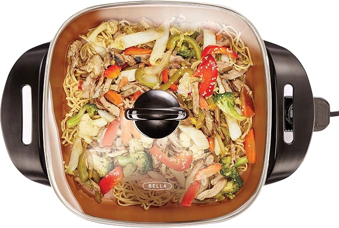 bella 12x12 Electric Skillet & Frying Pan with Glass Lid, Nontoxic, Coppper