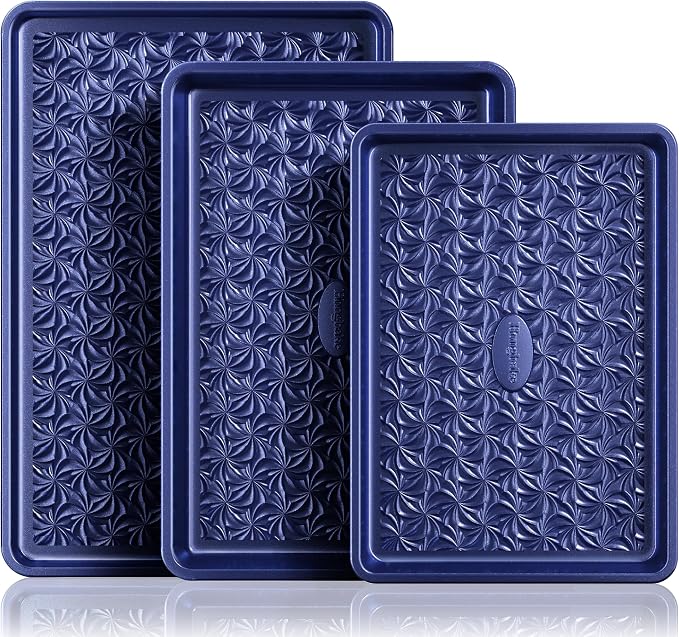 Nonstick Baking Sheet Pan Set of 3, Cookie Sheets for Oven, Non-Toxic, Blue | Half, Quarter & Jelly Roll Pans, Floral Swirl Texture, Heavy-Duty 0.8mm Carbon Steel, Even Heat Distribution