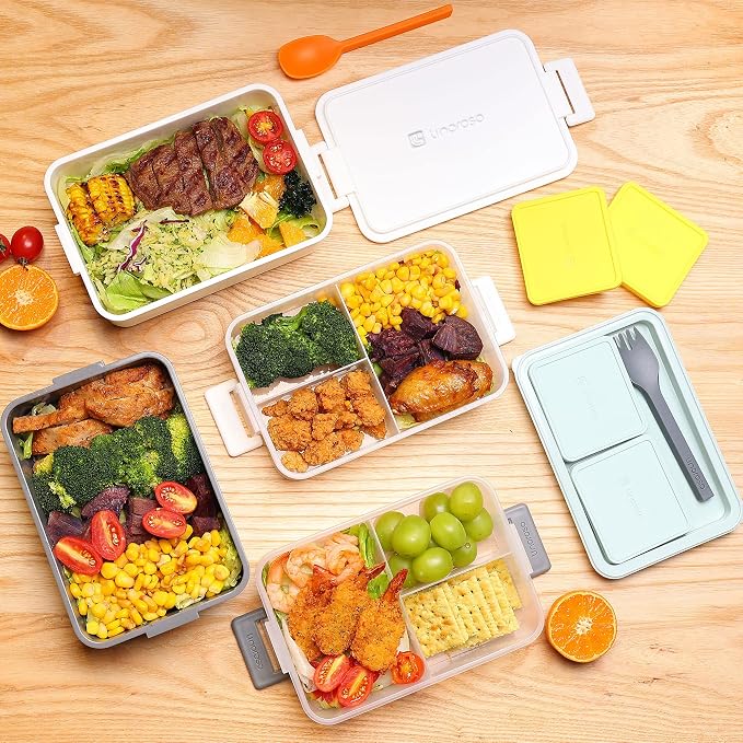 Stackable 2-Tier Adult Bento Box, 4 Compartments - Ultimate Gray | leakproof sauce cups, utensil set included, microwave & dishwasher safe, 7 colors available, ideal for work/school/picnic