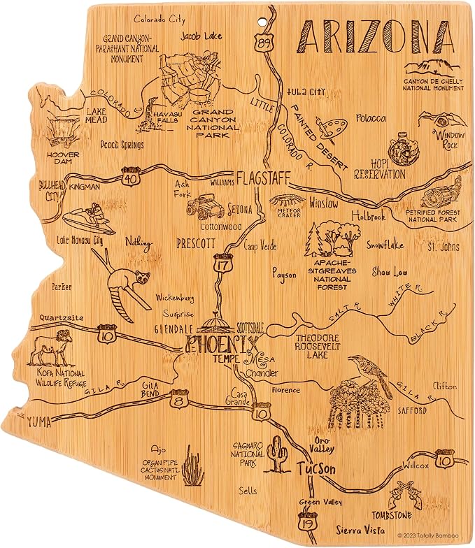 Totally Bamboo Destination Arizona State Shaped Cutting Board | State charcuterie serving board with engraved map artwork. Smooth reverse side for food prep. Hang tie for wall display.