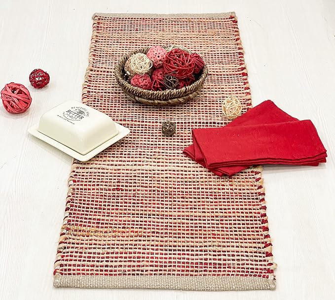 Natural Jute Table Runner 13x36 Inch – Vintage Boho Rustic Table Decor – Handwoven Table Runner in Natural Jute and Red – Farmhouse Dining or Console Table Accent