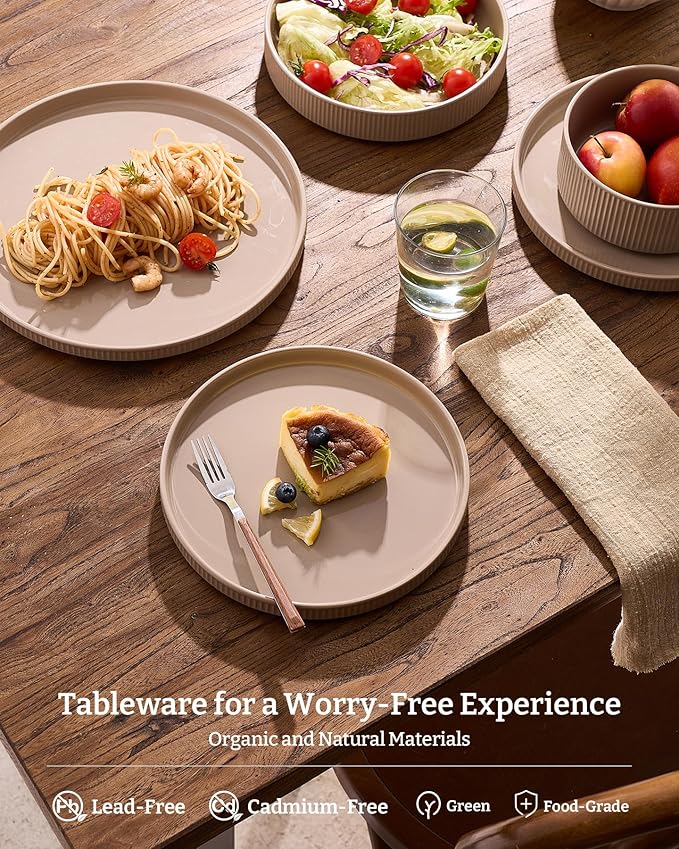 Famiware Stoneware Dinnerware Set with Pasta Bowls, 24pc Brown Dishes for 6 | Ceramic Double Bowls & Flat Plates, Chip & Scratch Resistant, Microwave & Dishwasher Safe, Everyday Dining, Rustic Modern