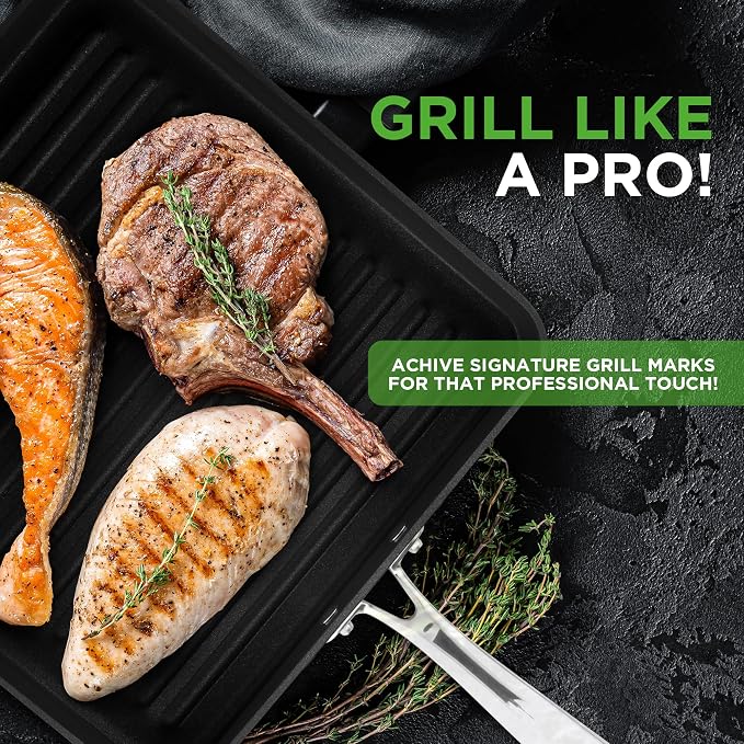 NutriChef 11" Non-Stick Grill Pan for Indoor Cooking - Hard Anodized Grill Pan for Stove Tops with High Ridges, Strong Handles, Dishwasher Safe