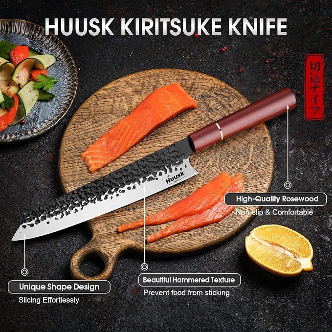 Huusk Japanese Kiritsuke Chef Knife - 8 Inch Hand Forged Kitchen Knives | Multipurpose High Carbon Steel Cooking Knife for Meat & Fish, Ergonomic Wood Handle, Ideal Cooking Gift