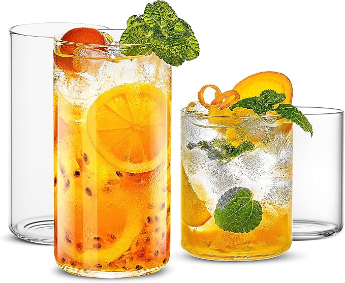 LUXU Drinking Glasses,2pc Thin Highball Glass 15 oz,2 pc Tall Glass19 oz | Lead-Free Glassware,Clear Everyday Drinkware,Water Glasses,Mojito Glass Cups,Bar Glassware,and Mixed Drink Cocktail Glass Set