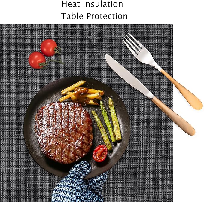 Myir JUN Placemats Set of 10 Kitchen and Dining Table Placemats | Vinyl Placemats Place Mats Indoor/Outdoor Set of 10 Washable Table Mats Non-Slip Place mats for Dining Table, Dark Gray-black