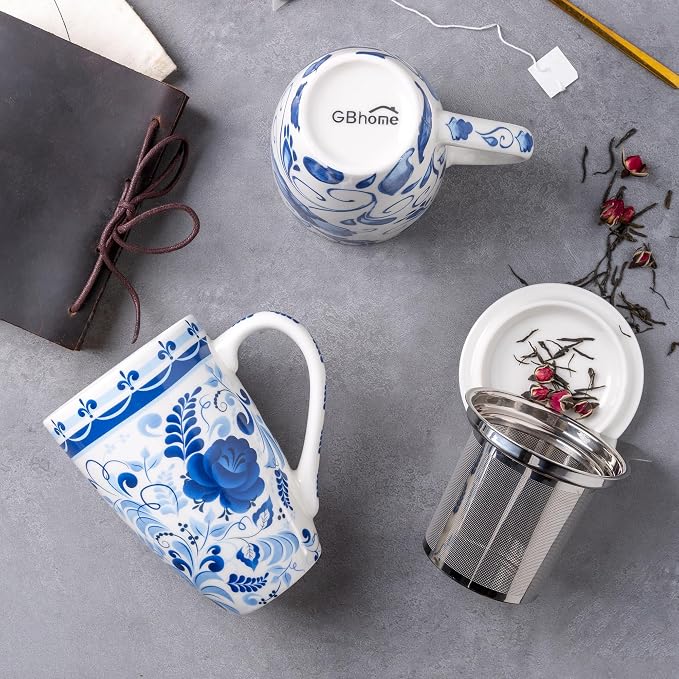 GBhome Tea Mug with Infuser and Lid,18 Ounce Ceramic Loose Leaf Cup Steeper | Lead-Free Glaze For Tea Lovers,Microwave & Dishwasher Safe with Tea Strainer