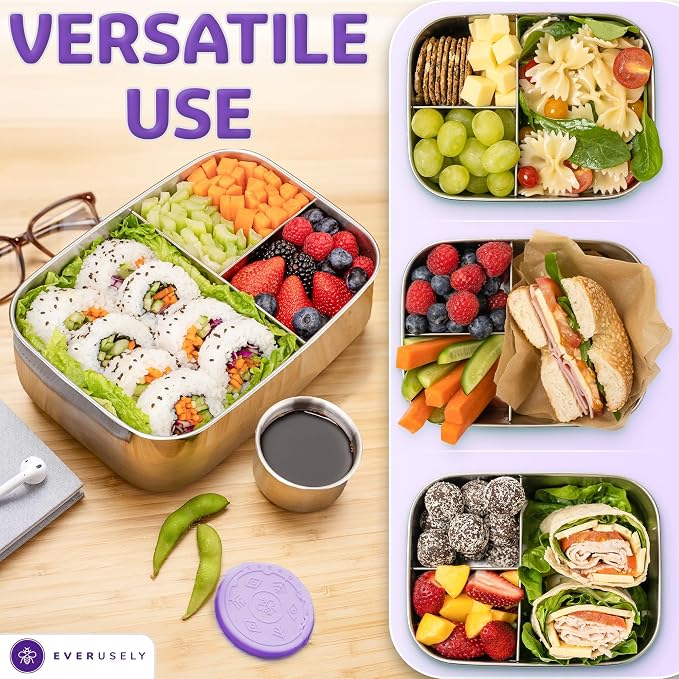 Stainless Steel Bento Box + Condiment Container - Lavender, 60oz / 1.8 L | Everusely extra large metal lunch box, leakproof sauce container, 3 compartment snack organizer, freezer & dishwasher safe