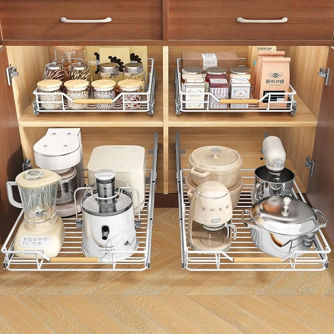 Pull out Cabinet Organizer, 12"W X 21"D, Heavy Duty Smooth Sliding Under Cabinet Shelves for Pots and Pans, Full-Extension Roll out Drawers, Slide out Organization for Home Kitchen Pantry, White