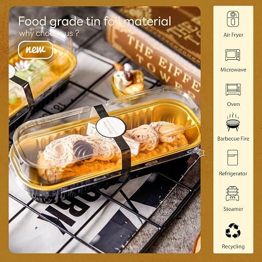 NPLUX Loaf Pans with Lids, 50 Pack Black Gold 6.8oz for Weddings | Use for cake slices, loaf cuts, tiramisu and truffle layers; clear top helps buyers see the finished look.