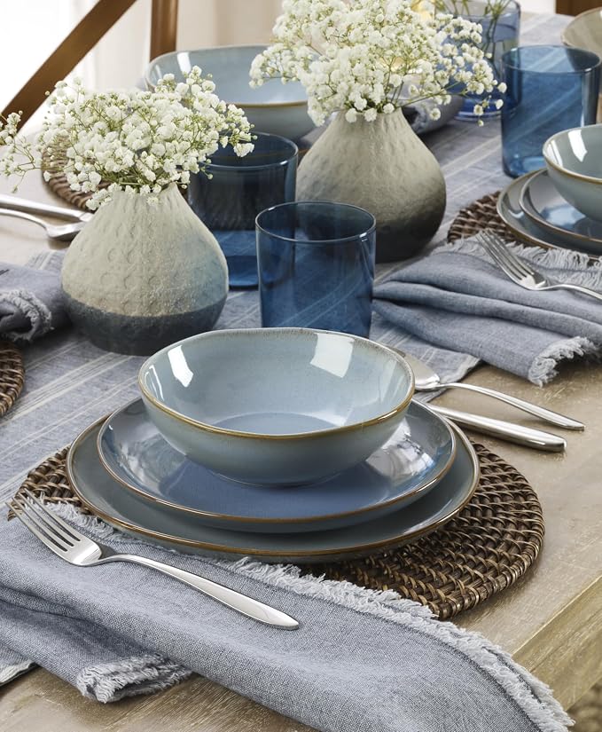 Oneida Organic Shades Blue Stoneware 18-Piece Dinnerware Set for 6 | dishwasher safe | plates and bowls sets for kitchen and dining | 10.25 inch plate, dish set, dishes | 2 inch, 28oz