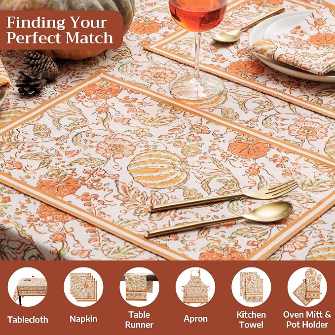 Maison d' Hermine Placemats Set of 4 Reusable 100% Cotton (13"x19") | Cloth Place Mats Washable Table Mats for Kitchen Dining Party Wedding Hotel Home Thanksgiving Christmas - Pumpkin Spice