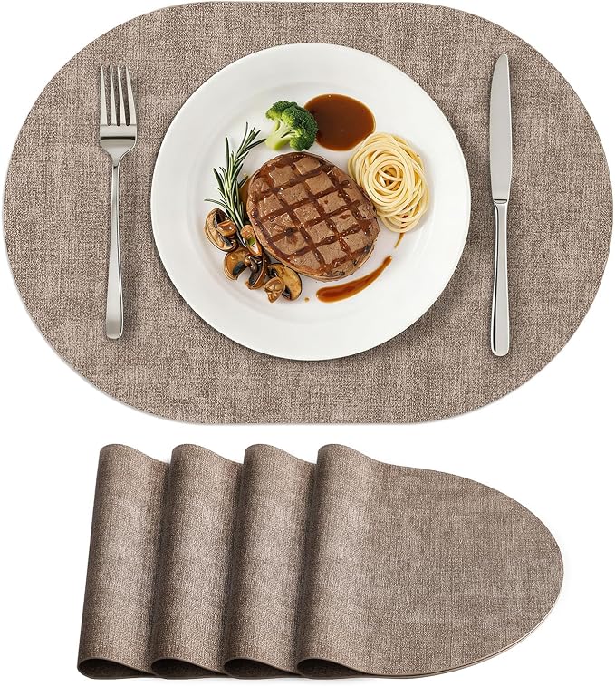 Placemats Set of 4, 11.8 x 17 Inch, Light Brown | Heat Resistant Oval Faux Leather Place Mats, Waterproof Wipeable Reversible PU Placemat, Indoor & Outdoor