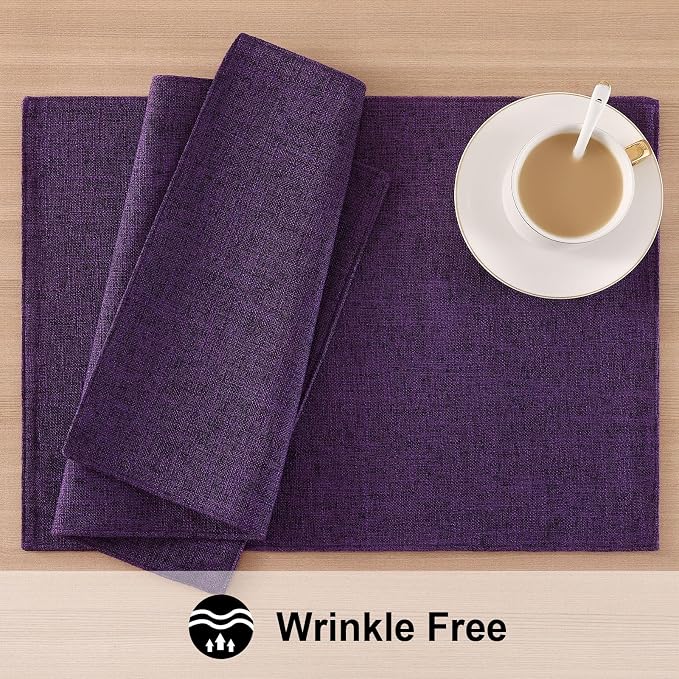 Faux Cotton Linen Placemats Set of 6, Cloth Washable Farmhouse Dining Table Mats for Indoors & Outdoors, Easy to Clean, Purple, 13 x 19 Inch