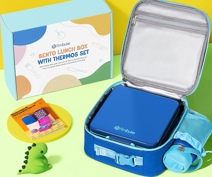 Fimibuke Bento Box for Kids Adult - Leakproof 3-4 Compartments Lunch Bento Box Set with Insulated Food Jar, Water Bottle, Lunch Bag, Sauce Cup & Cutlery for Toddler Teen Shcool Girl Boy Age 3+