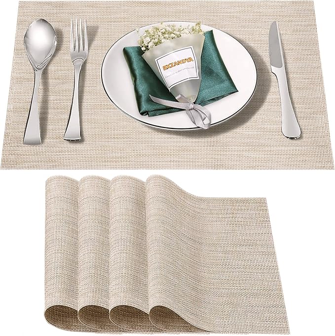 Beige White Vinyl Placemats Set of 4,Washable PVC Table Mats | Heat resistant, stain resistant non slip vinyl place mats, washable beige white table placemats for dining table