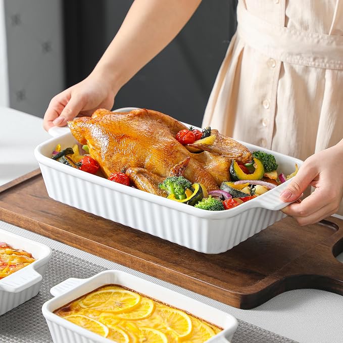 MALACASA Casserole Dishes for Oven, Ceramic Baking Dishes Set of 4, White | Rectangular Deep Lasagna Pans with Handles for Roasting Vegetable, Cake, Durable Bakeware, Wedding Gift(9.4/11.1/12.2/14.7")