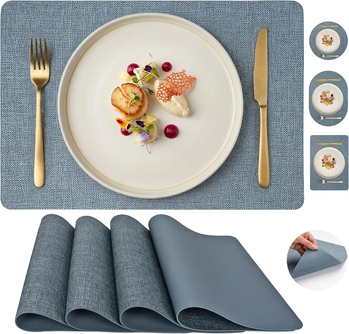 Faux Leather Placemats Set of 4, Wipeable Waterproof Stain Resistant Table Mats, Heat Resistant Thick Placemats with Hand-Painted Edges for Kitchen Dining, Imitative Linen Texture, Various Shapes
