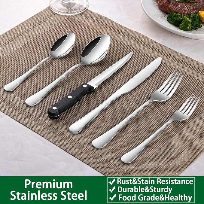 24-Piece Silverware Set with Steak Knives,Flatware Set Service for 4 Person, Food-Grade Stainless Steel Cutlery Set,Includes Knife Spoon And Fork, Mirror Finished Utensil Sets for Home Restaurant