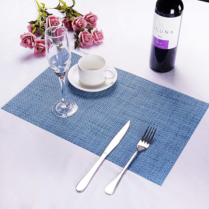 Zupro Hemp Blue Placemats Set of 4 Woven PVC 18"x12" for Indoor/Outdoor Use | Washable Heat-Resistant Non Slip Table Mats PVC Vinyl Kitchen Dining Patio Table Place Mats for Holidays Dinner Parties BBQs