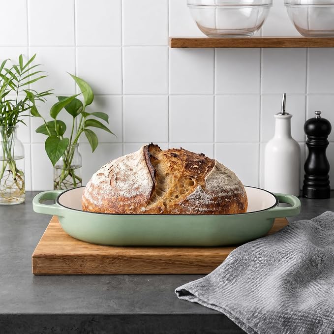 Enameled Cast Iron Dutch Oven Pot with Dome Lid, Oval Bread Oven for Homemade Sourdough Bread Baking, Oven Safe up to 500°F, 6 Quart, Green