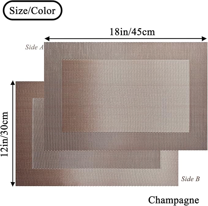 Vinyl Placemats Heat-Resistant Table Mats Washable Easy Clean Plastic Placemat for Kitchen Dining Table Set of 6 Indoor Outdoor (Champagne)