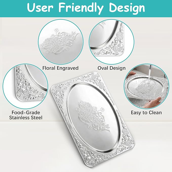 Silver Serving Trays, 6 Pcs Stainless Steel Serving Platters with Retro Engraved Design, 13.7 x 8.5 Inch for Serving Food, Appetizers, or as Decorative Accent at Home
