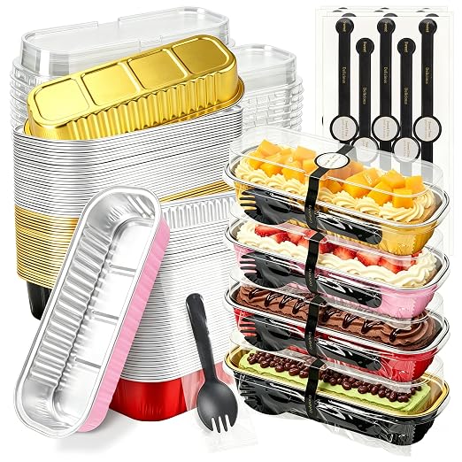 NPLUX Mini Cake Pans with Lids, 100 Pack Colorful 6.8oz for Birthday Treats | Good for custard, snack cups, fruit toppings and baked samples; organized pieces help speed up service lines.