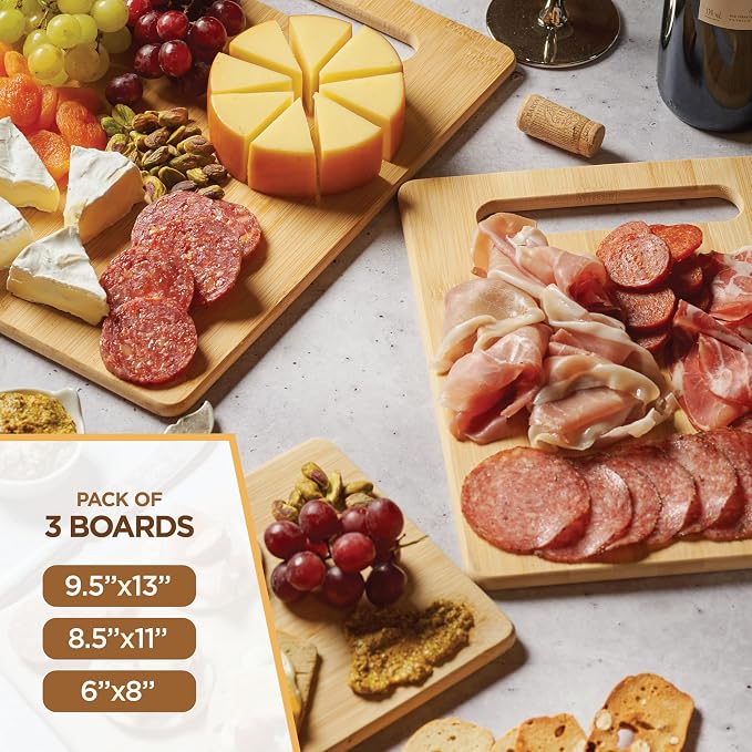 Bamboo Cutting Boards for Kitchen - Set of 3 Reversible Wood Cutting Boards with Handle, Large Medium Small Chopping Boards for Meat Vegetables Fruit Cheese Bread, Knife Friendly, 13x9.5 11x8.5 8x6
