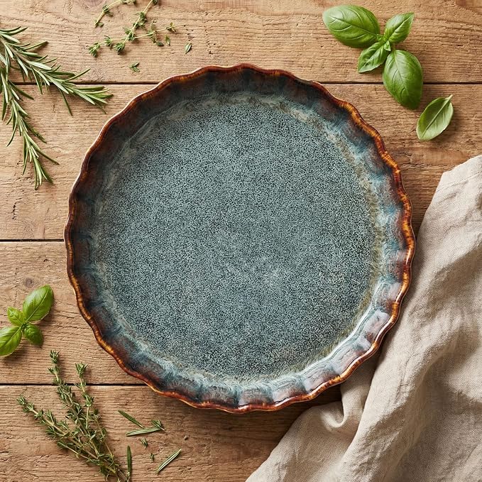 Ceramic Pie Pan Quiche Baking Dish, 11 Inch Round Ruffled Edge Au Gratin Baking Dishes, 1.4 Quart Non-Stick Pie Dish, Tart Pan, Pie Plate for Apple, Oven, Dishwasher and Microwave Safe