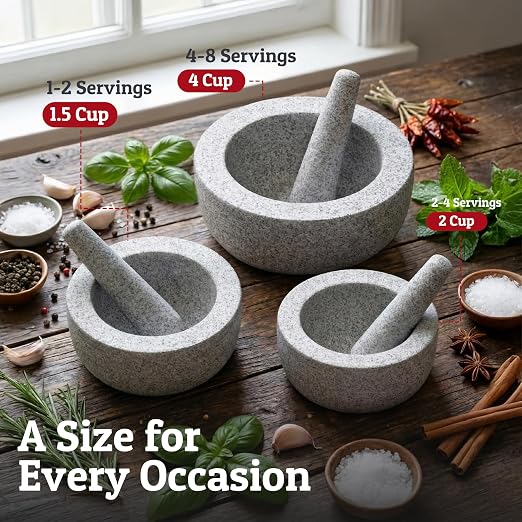 Heavy Duty Large 1.5 Cup Mortar and Pestle Set, 100% Natural Granite, 4.72 Inch Diameter Bowl, 6.2 Inch Pestle, Non-Slip Base, Stone Grinder for Guacamole Salsa Pesto Herbs Spices, Grey