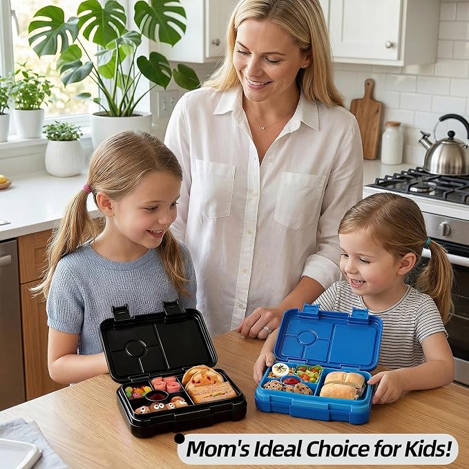 Bento Lunch Box for Kids, 5/6 Compartments, 3 Cups, Black | 5/6 Compartments, 3 Cups, BPA Free, Dishwasher Safe, for Kids, Back to School, On-the-Go Meal, Ages 3+, School