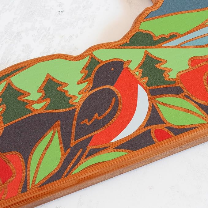Totally Bamboo New York State Shaped Cutting Board, Summer Stokes Art | State charcuterie board with colorful hand-drawn landscape art. Smooth reverse side for food prep. Hang tie for wall display.