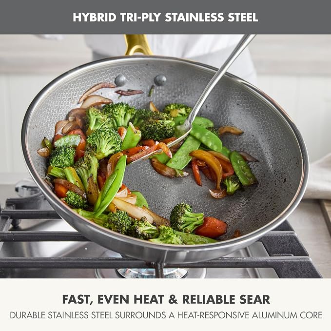 GreenPan Hybrid APEX 11" Tri-Ply Stainless Steel Wok, Ceramic Nonstick Pan | PFAS-Free Thermobond Nonstick Skillet, Induction & All Cooktop Compatible, Dishwasher & Oven Safe up to 850F, Stir Fry, Gold