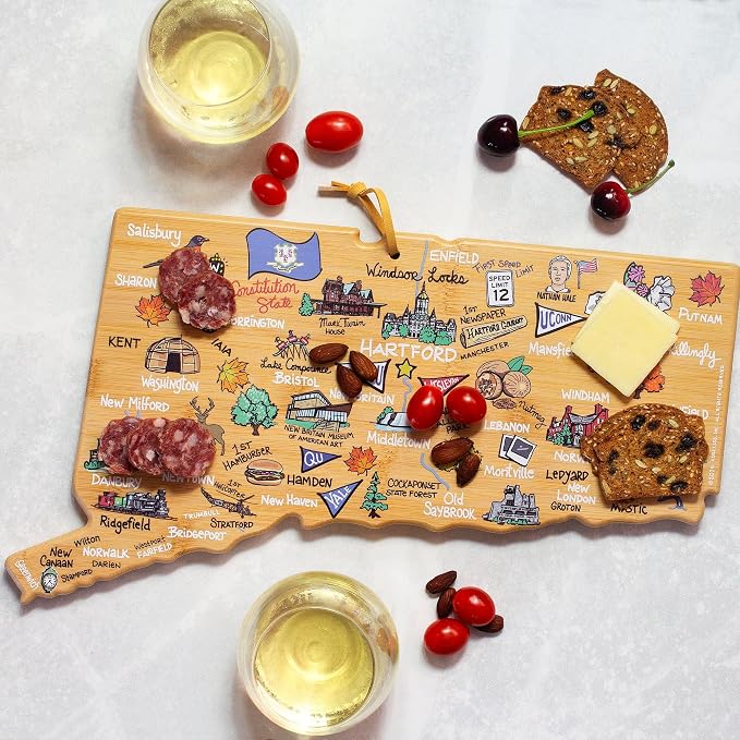 Totally Bamboo Connecticut State Shaped Cutting Board, Art by Fish Kiss | State charcuterie board with colorful hand-drawn map artwork. Smooth reverse side for food prep. Hang tie for wall display.