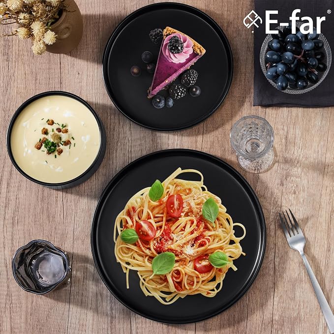 E-far Black Dinnerware Sets for 8, 24-Piece Stoneware Plates and Bowls Sets | Modern Kitchen Dining Dishware, Chip and Scratch Resistant, Microwave & Dishwasher Safe, Matte Black